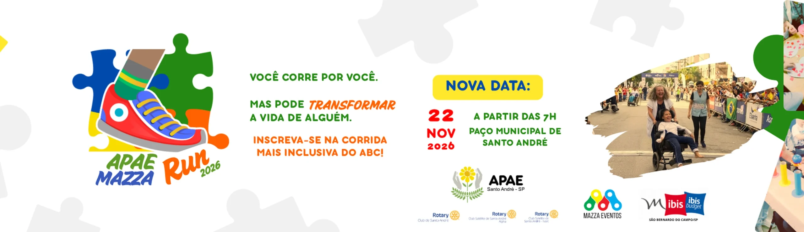 APAE Mazza Run 2026, a corrida mais inclusiva do ABC. Dia 22 de novembro de 2026, a partir das 7h, no Paço Municipal de Santo André.